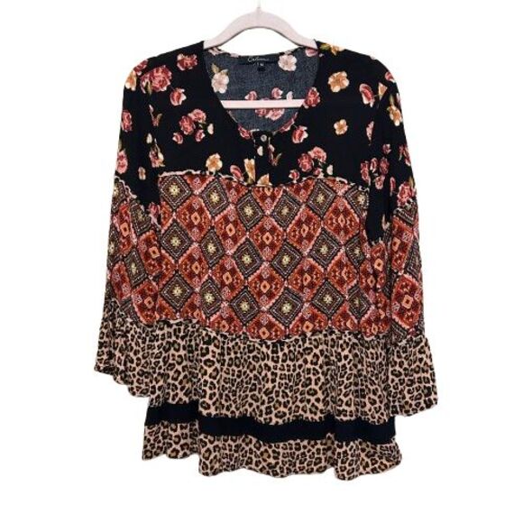 Calessa Top Women Medium Multicolor Mixed Floral Leopard Bell Sleeve Boho Artsy - Picture 2 of 7